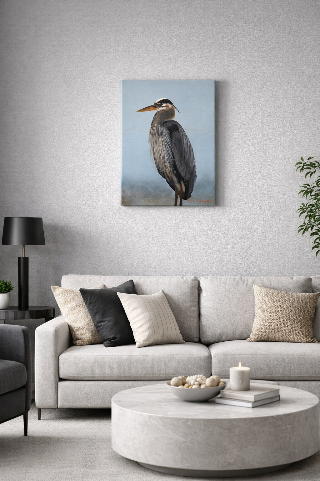 Original coastal bird painting featuring a blue heron for serene beach house decor by Paula A. Chavers