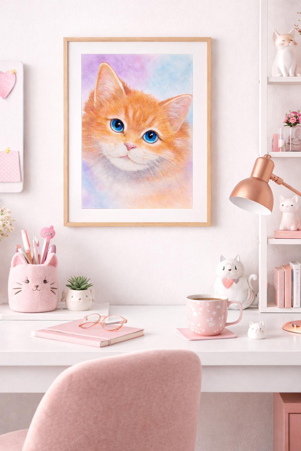 Orange kitten watercolor painting in a pink nursery room decor by Paula A. Chavers Art