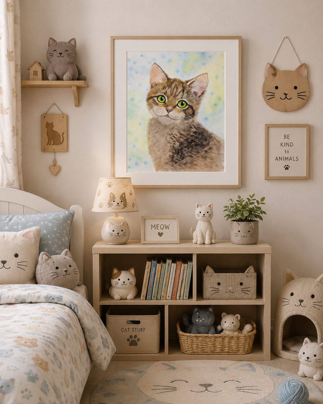 Whimsical cat watercolor artwork for nursery and children’s room decor by Paula A. Chavers