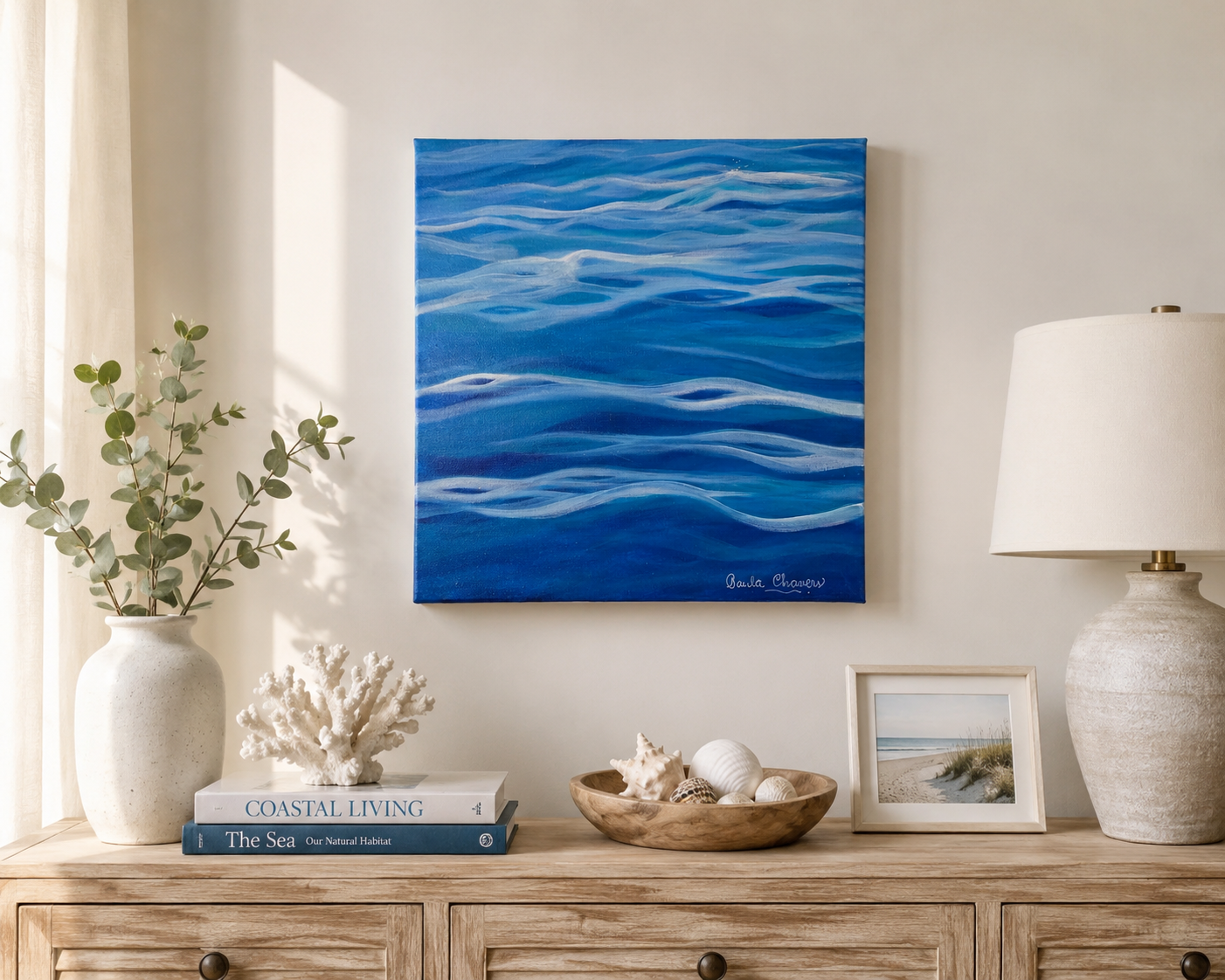 Abstract ocean waves acrylic painting titled 'Tranquil', blue and white coastal wall art by Paula A. Chavers, 14x14 inch.