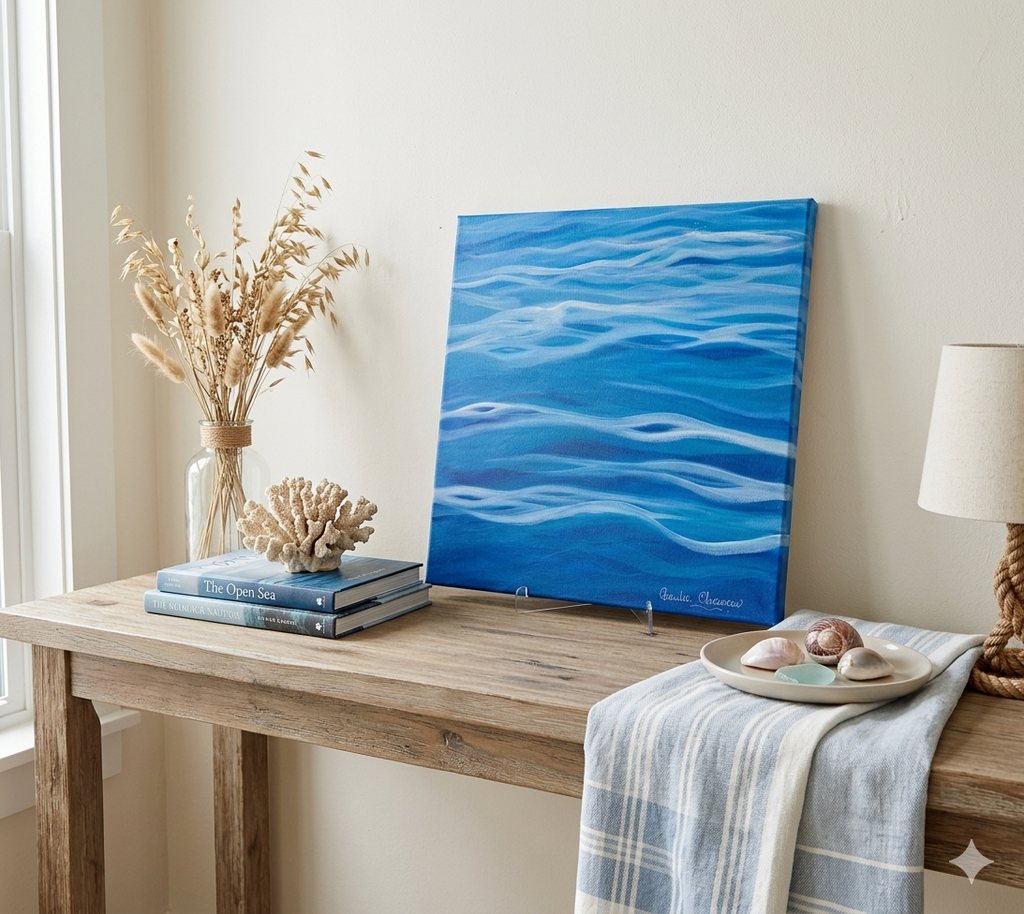 Abstract ocean waves acrylic painting titled 'Tranquil', blue and white coastal wall art by Paula A. Chavers, 14x14 inch.