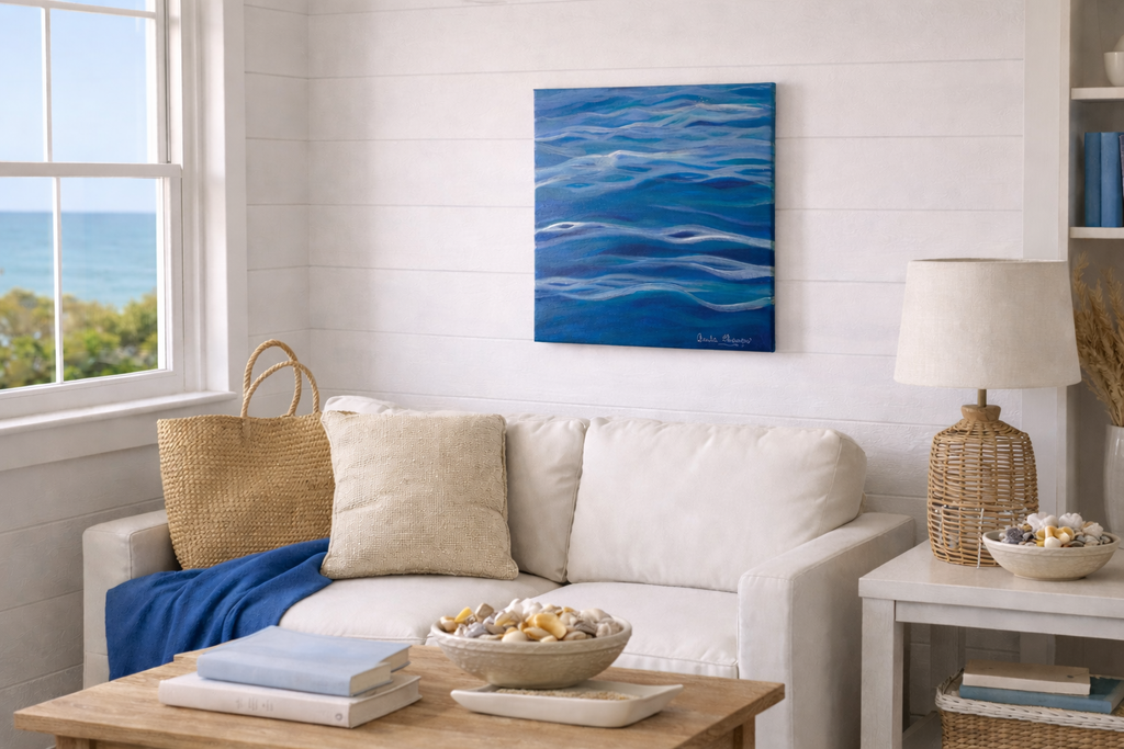 Abstract ocean waves acrylic painting titled 'Tranquil', blue and white coastal wall art by Paula A. Chavers, 14x14 inch.