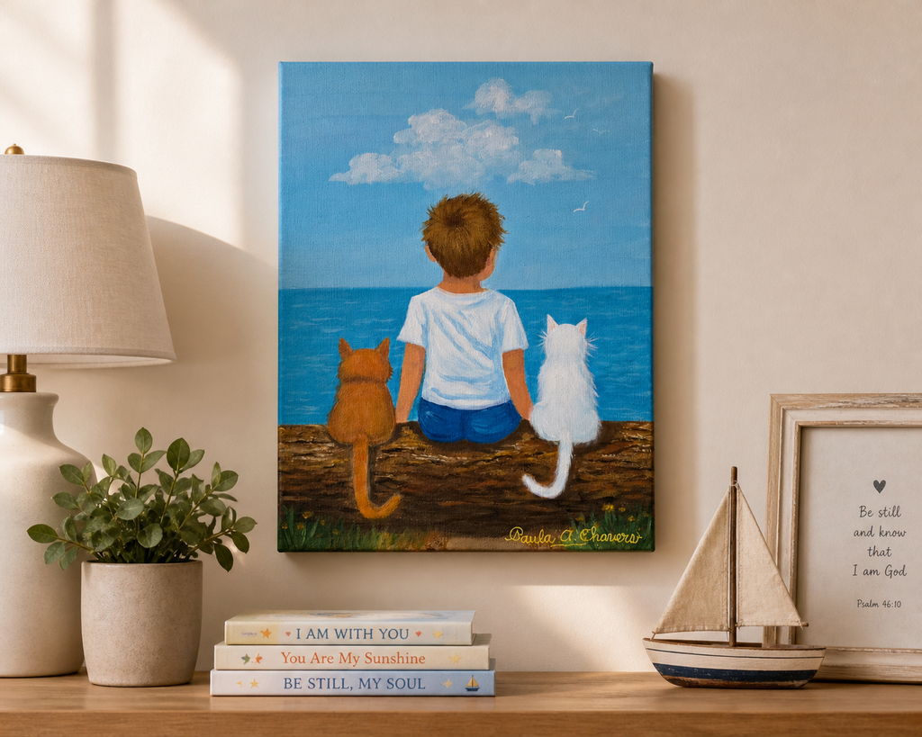 Original acrylic painting of two cats and a boy, meaningful nursery wall art and children's room decor by Paula A. Chavers, 9x12 in.