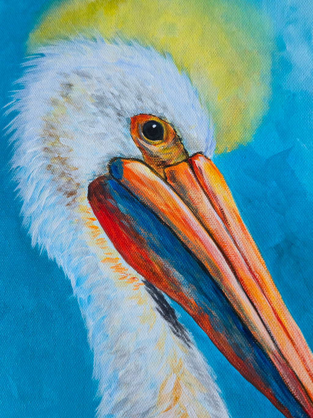 Close up of Radiance of the Pelican original acrylic painting 11x14 by Paula A. Chavers, coastal wall art, modern pelican bird illustration for beach house decor.