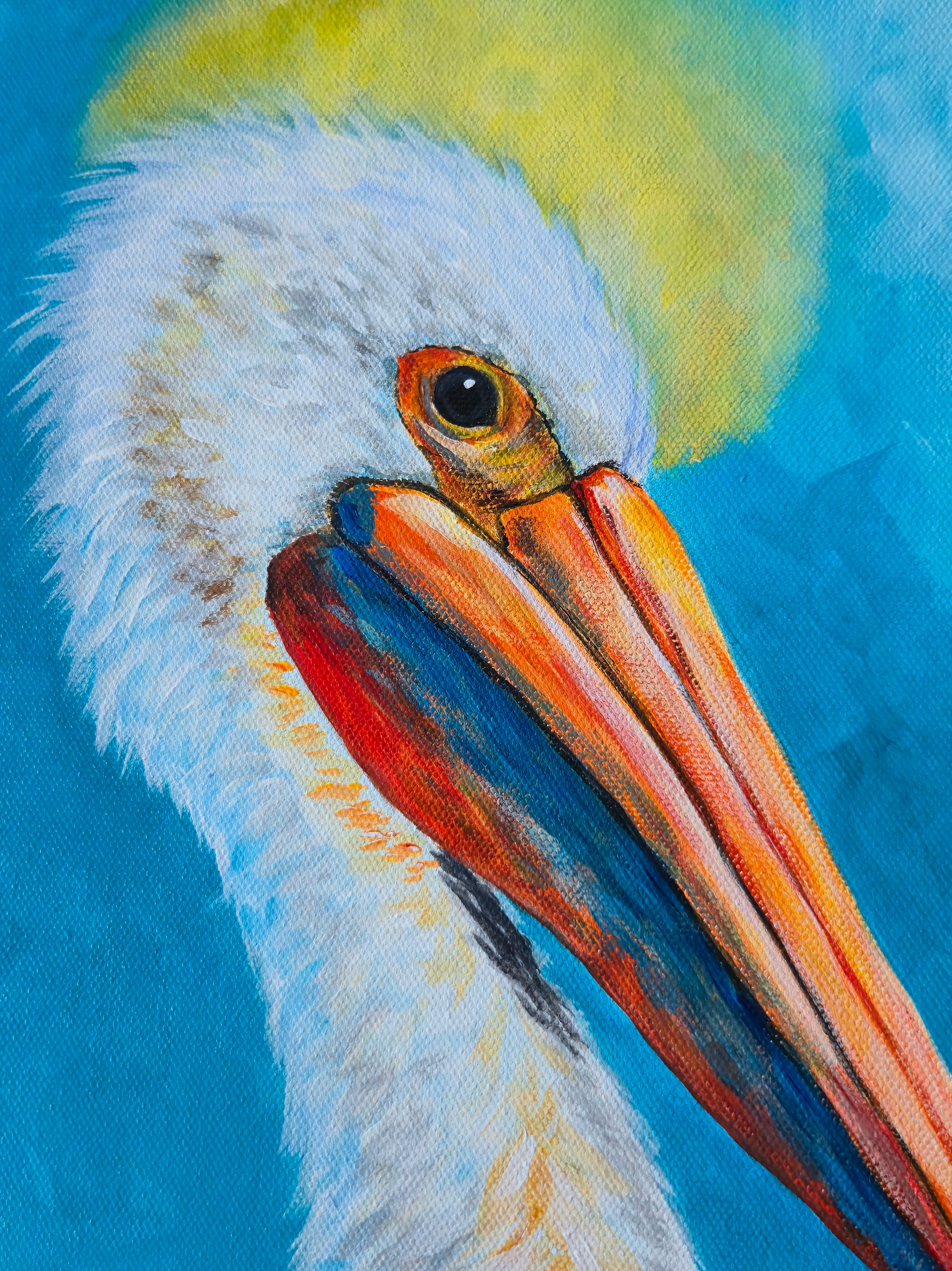 Close up of Radiance of the Pelican original acrylic painting 11x14 by Paula A. Chavers, coastal wall art, modern pelican bird illustration for beach house decor.