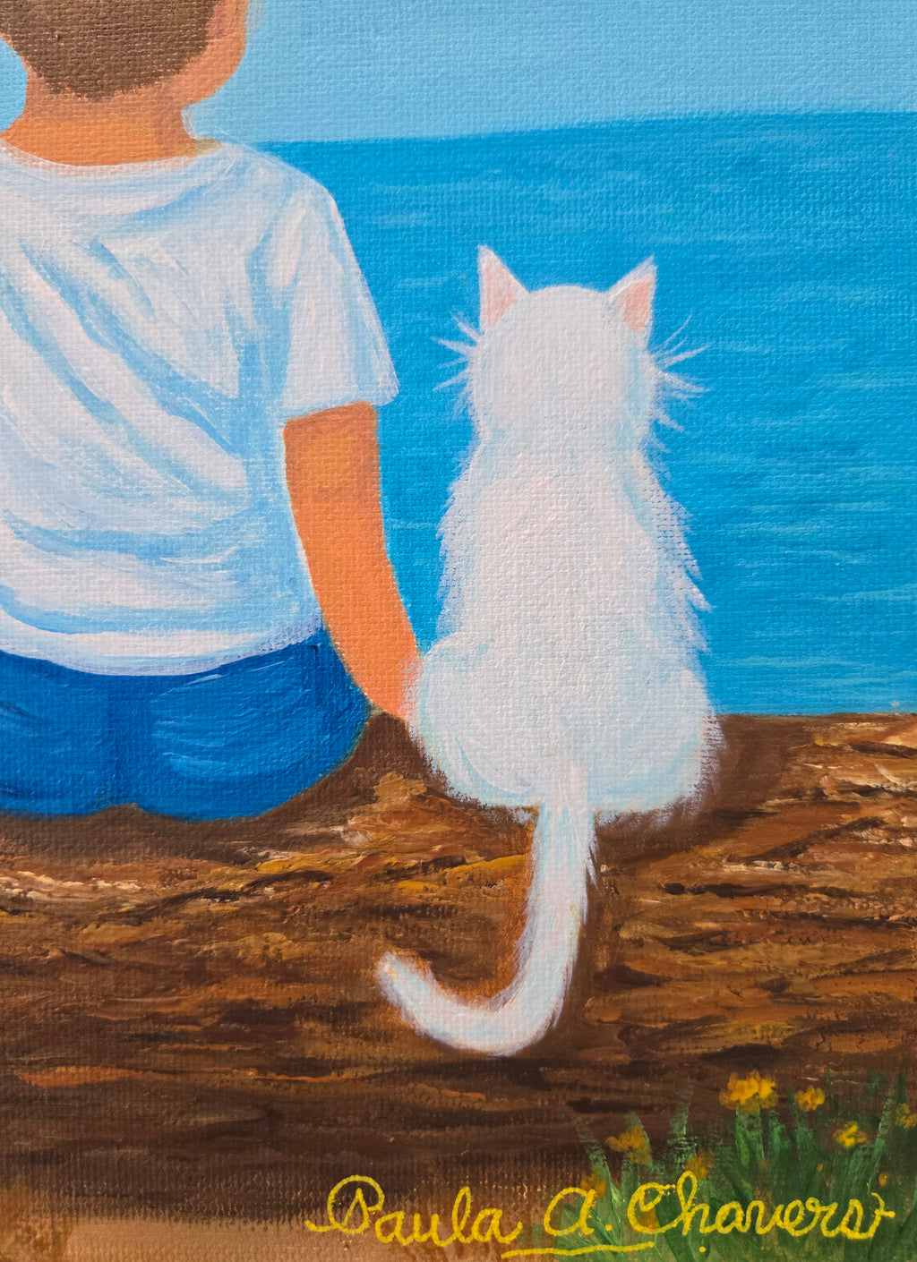 Original acrylic painting of two cats and a boy, meaningful nursery wall art and children's room decor by Paula A. Chavers, 9x12 in.