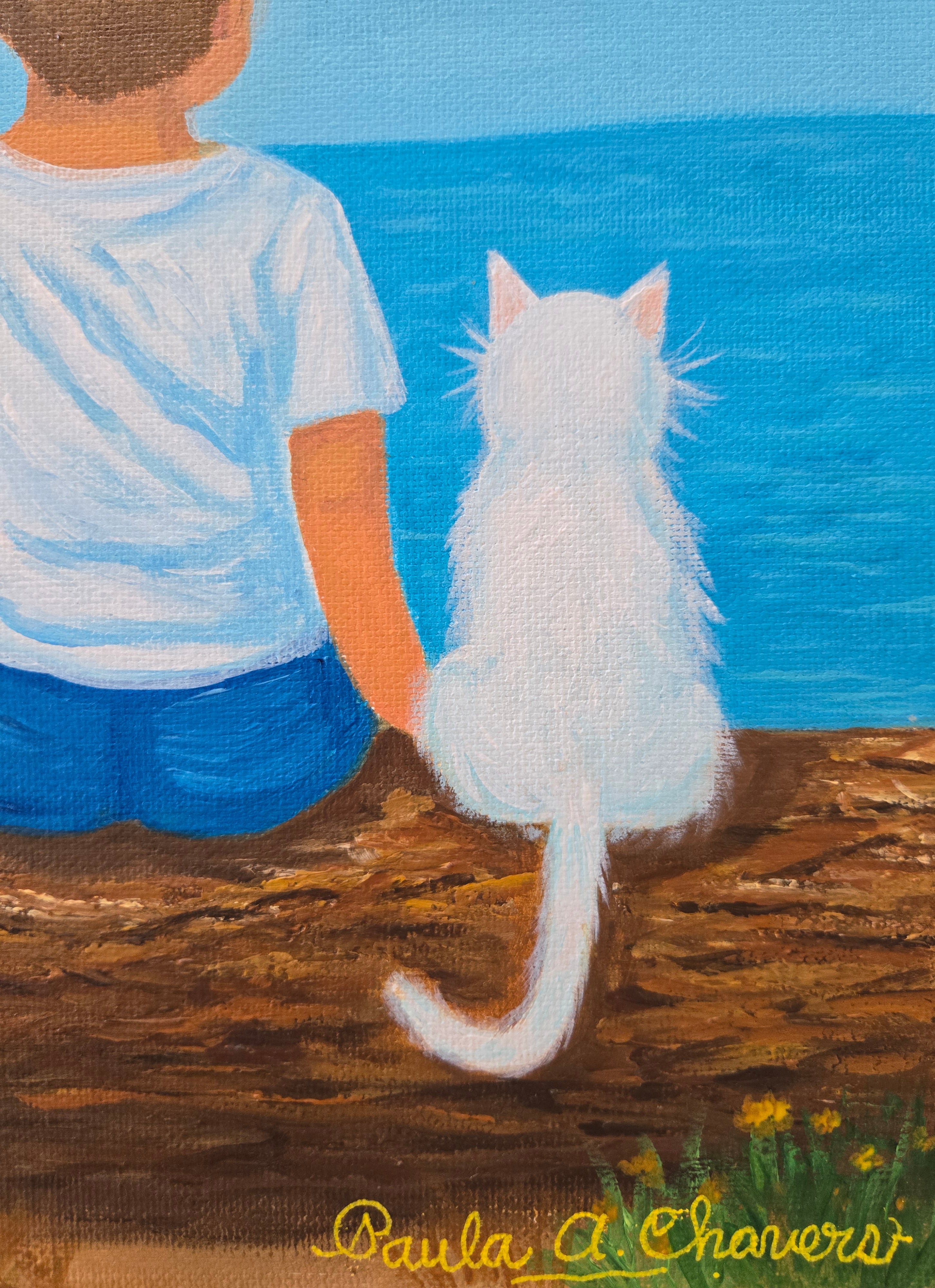 Original acrylic painting of two cats and a boy, meaningful nursery wall art and children's room decor by Paula A. Chavers, 9x12 in.