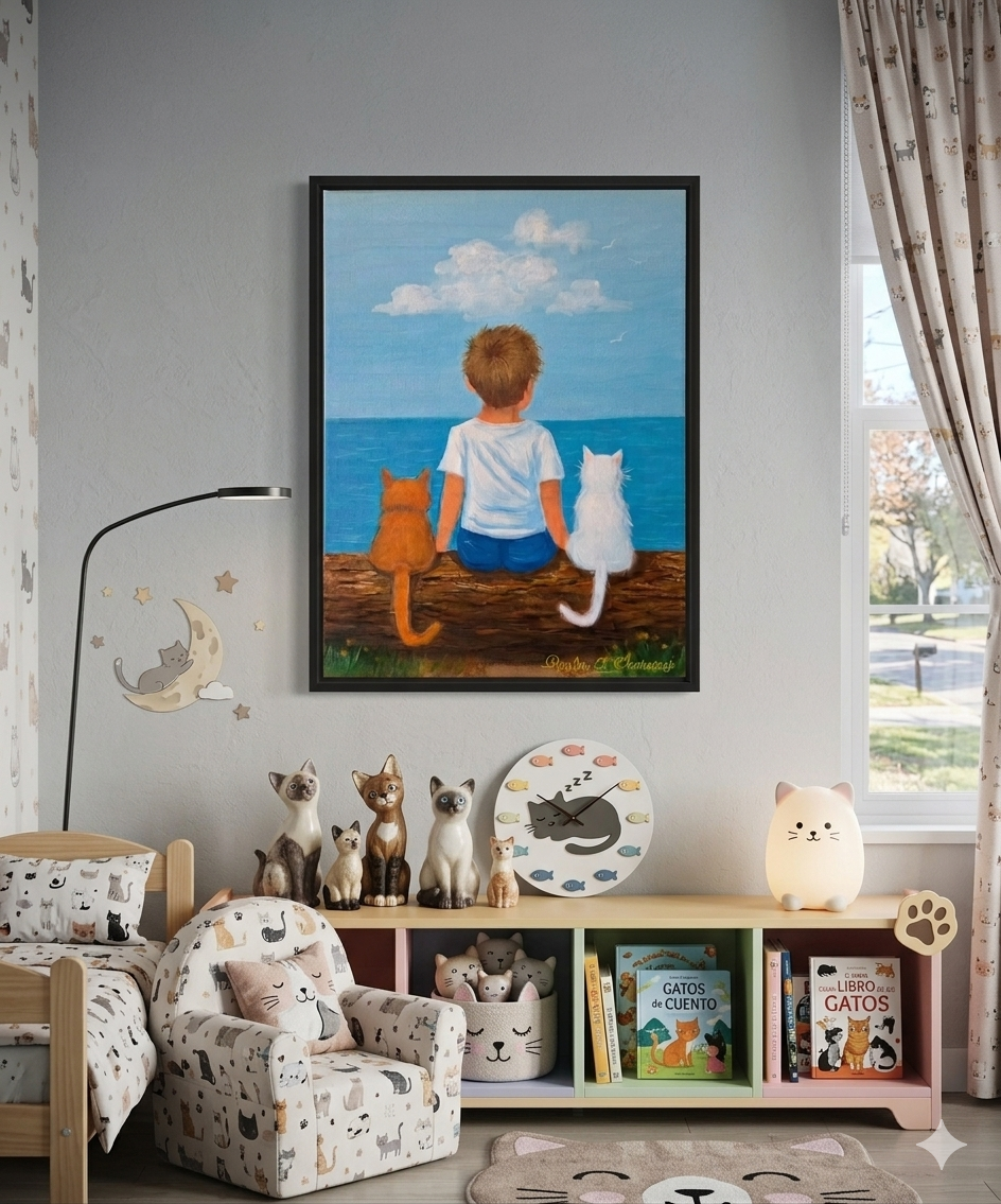 Original acrylic painting of two cats and a boy, meaningful nursery wall art and children's room decor by Paula A. Chavers, 9x12 in.