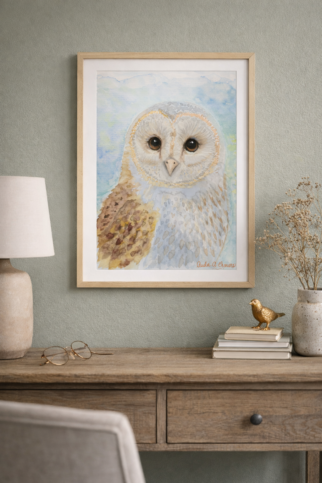 Barn owl watercolor painting titled 'Gentle Watcher' by Paula A. Chavers, original 9x12 bird wall art for nursery or nature-themed decor.