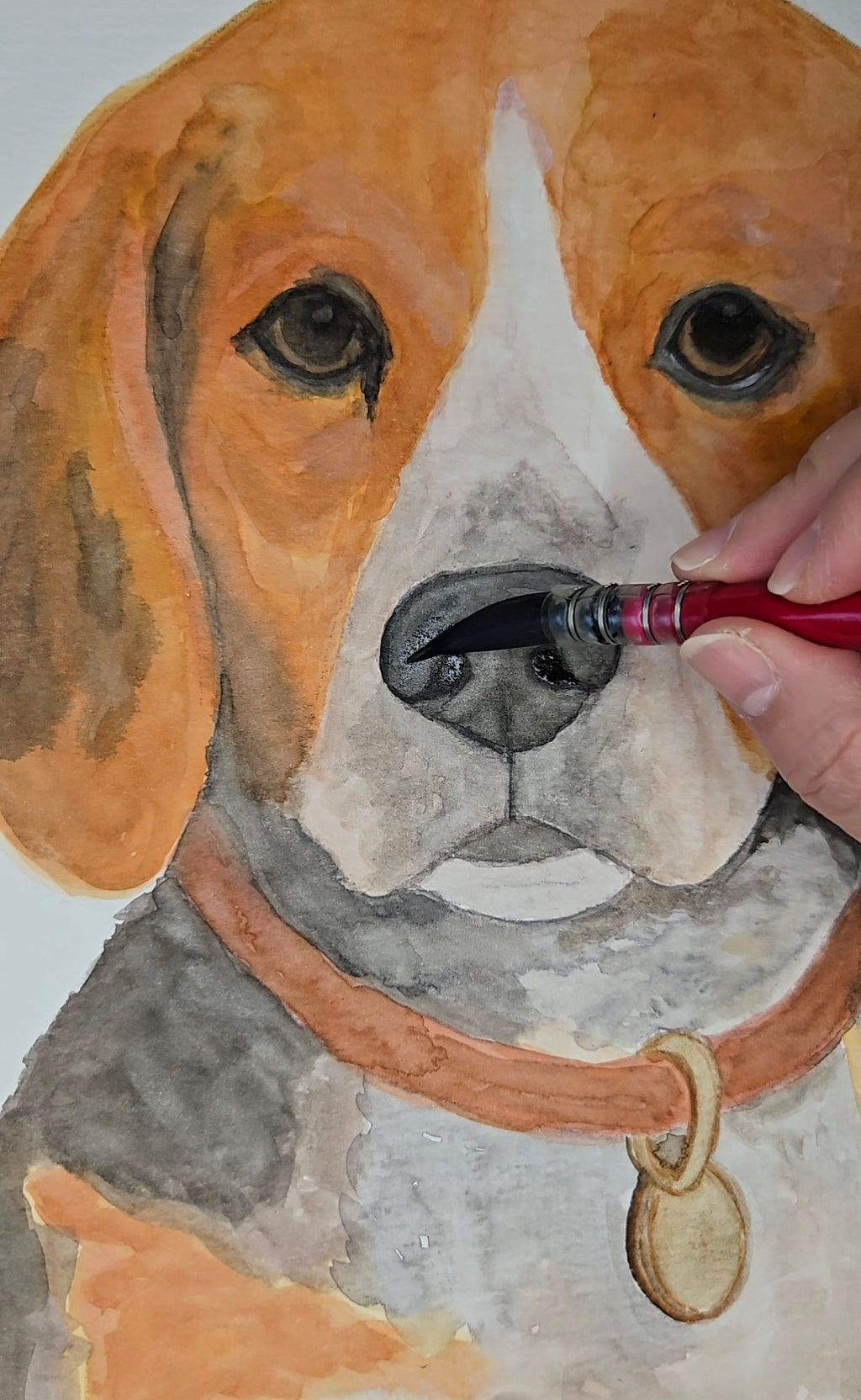 Beagle dog watercolor painting titled 'Sweet Companion' by Paula A. Chavers, original 9x12 pet illustration and dog lover wall decor.
