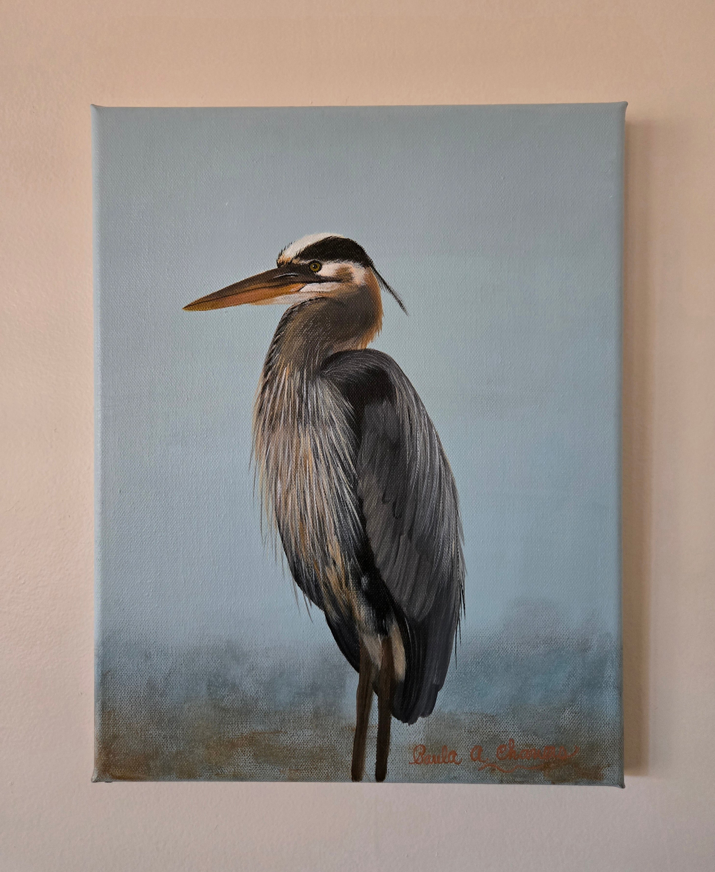 Blue Heron acrylic painting still waters wildlife artwork by Paula A. Chavers