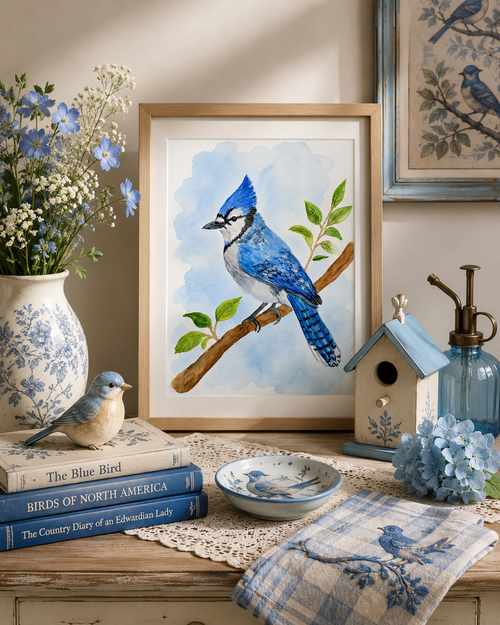 Original watercolor painting of a blue jay perched on a tree branch with soft blue watercolor background and green leaves, painted by Paula A. Chavers.
