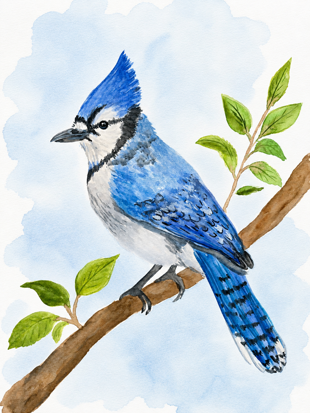 Blue Jay Serenity original watercolor painting 9x12 by Paula A. Chavers, vibrant blue bird wall art, modern avian illustration for bright home or coastal decor.