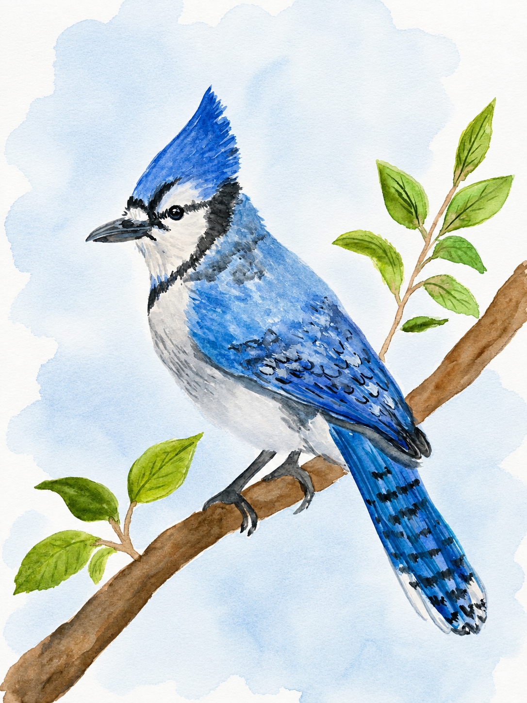 Blue Jay Serenity original watercolor painting 9x12 by Paula A. Chavers, vibrant blue bird wall art, modern avian illustration for bright home or coastal decor.