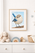 Bluebird Whispers original watercolor painting 9x12 by Paula A. Chavers, sweet blue bird nursery wall art, delicate illustration for baby or kid's room decor.