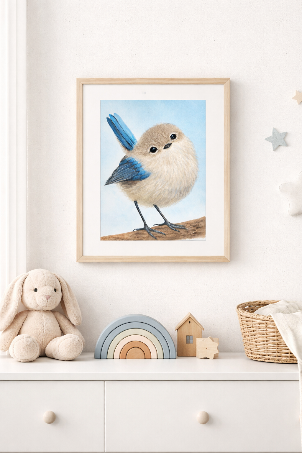 Bluebird Whispers original watercolor painting 9x12 by Paula A. Chavers, sweet blue bird nursery wall art, delicate illustration for baby or kid's room decor.