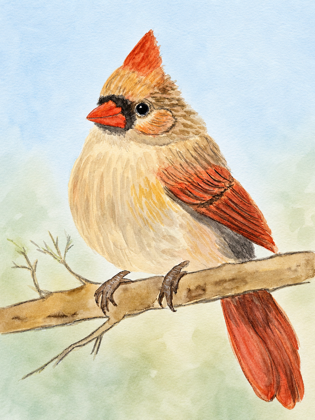 Gentle Cardinal original watercolor painting 9x12 by Paula A. Chavers, vibrant red bird wall art, modern avian illustration for bright home or nursery decor.