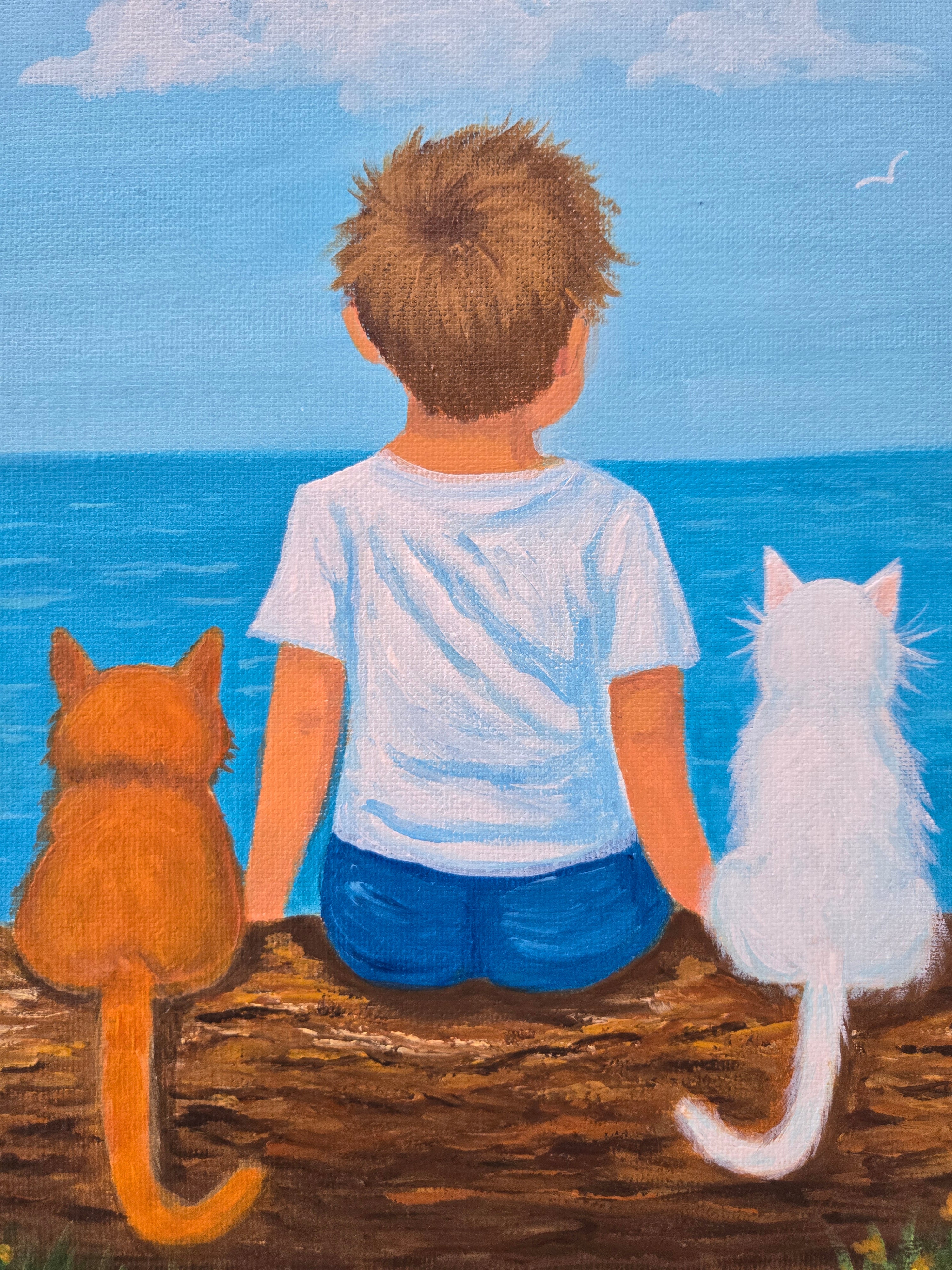 Original acrylic painting of two cats and a boy, meaningful nursery wall art and children's room decor by Paula A. Chavers, 9x12 in.