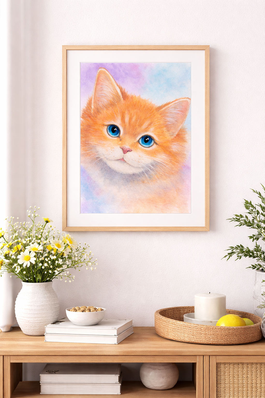 Ocean Eyes Kitten original watercolor painting 9x12 by Paula A. Chavers, blue-eyed white and grey cat wall art, sweet kitten illustration for nursery, child's bedroom, or coastal decor.