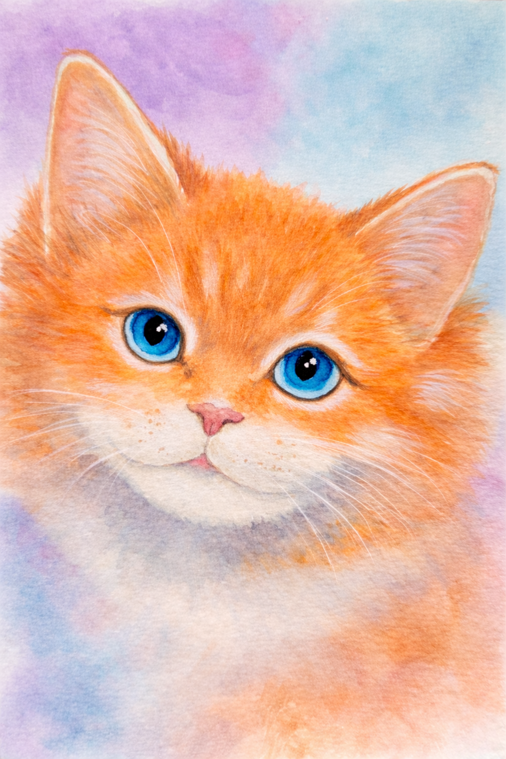 Original 9x12 watercolor kitten painting titled Ocean Eyes Kitten by Paula A. Chavers featuring bright blue eyes and soft pastel background