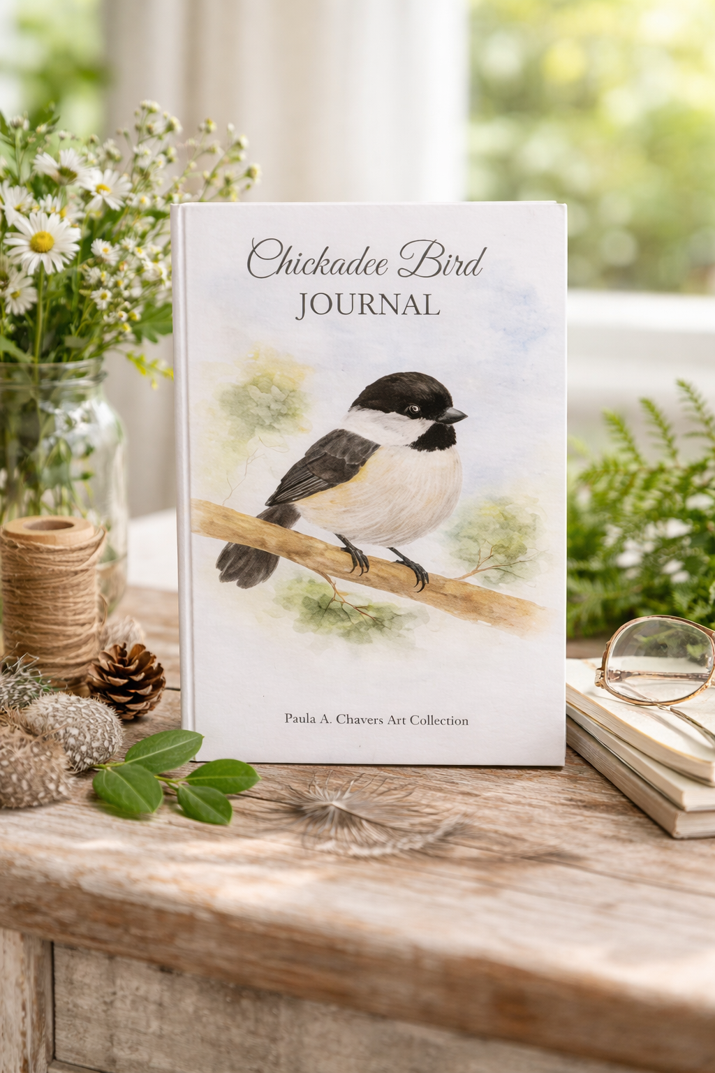 Chickadee Bird Journal mockup featuring original watercolor chickadee artwork by Paula A. Chavers, displayed on a rustic wooden table with greenery, books, pinecones, and soft natural lighting.