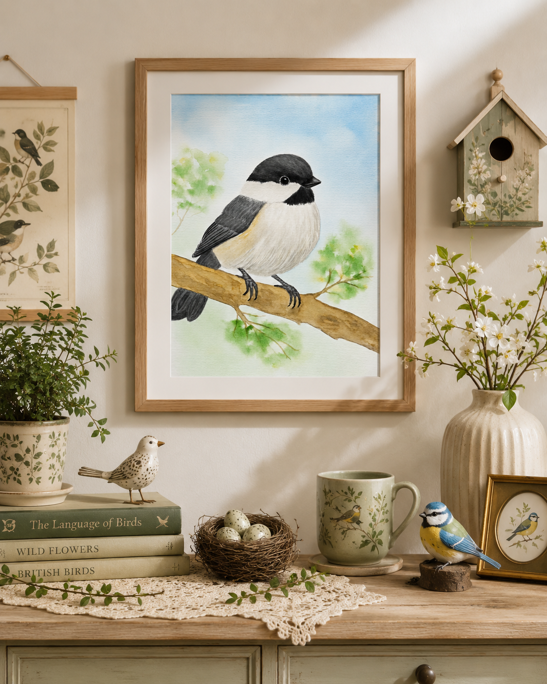 Gentle Chickadee original watercolor painting 9x12 by Paula A. Chavers, small bird wall art, modern avian illustration for bright home or nursery decor.