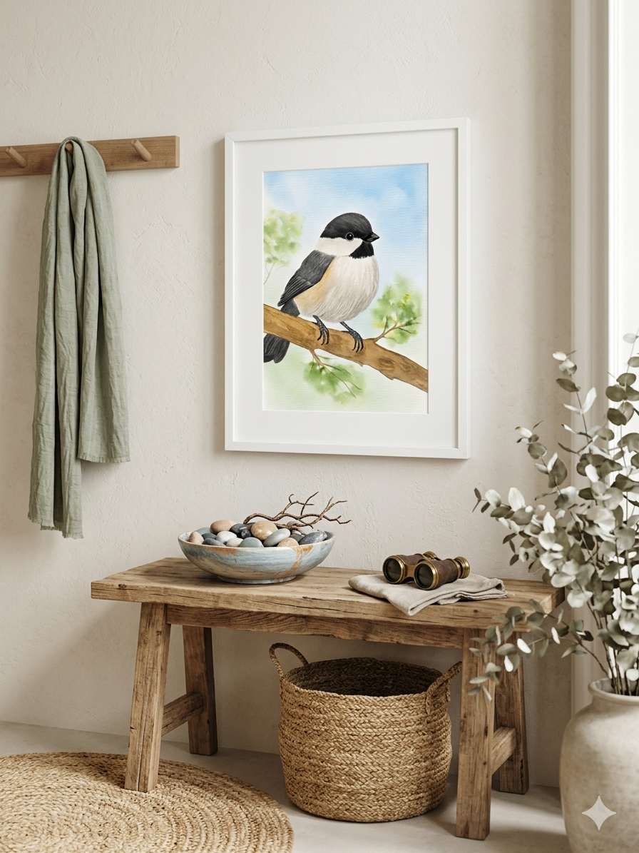 Gentle Chickadee original watercolor painting 9x12 by Paula A. Chavers, small bird wall art, modern avian illustration for bright home or nursery decor.