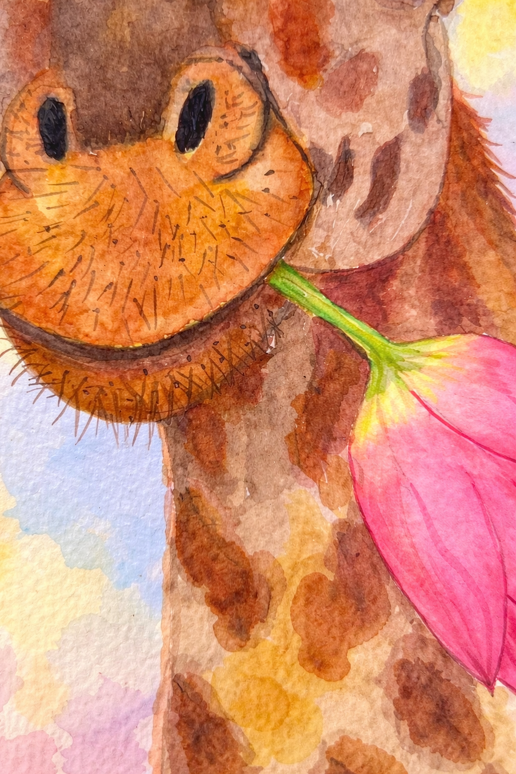 Sweet giraffe watercolor painting titled 'Soft Embrace' by Paula A. Chavers, original 9x12 animal wall art for nursery or baby room decor.