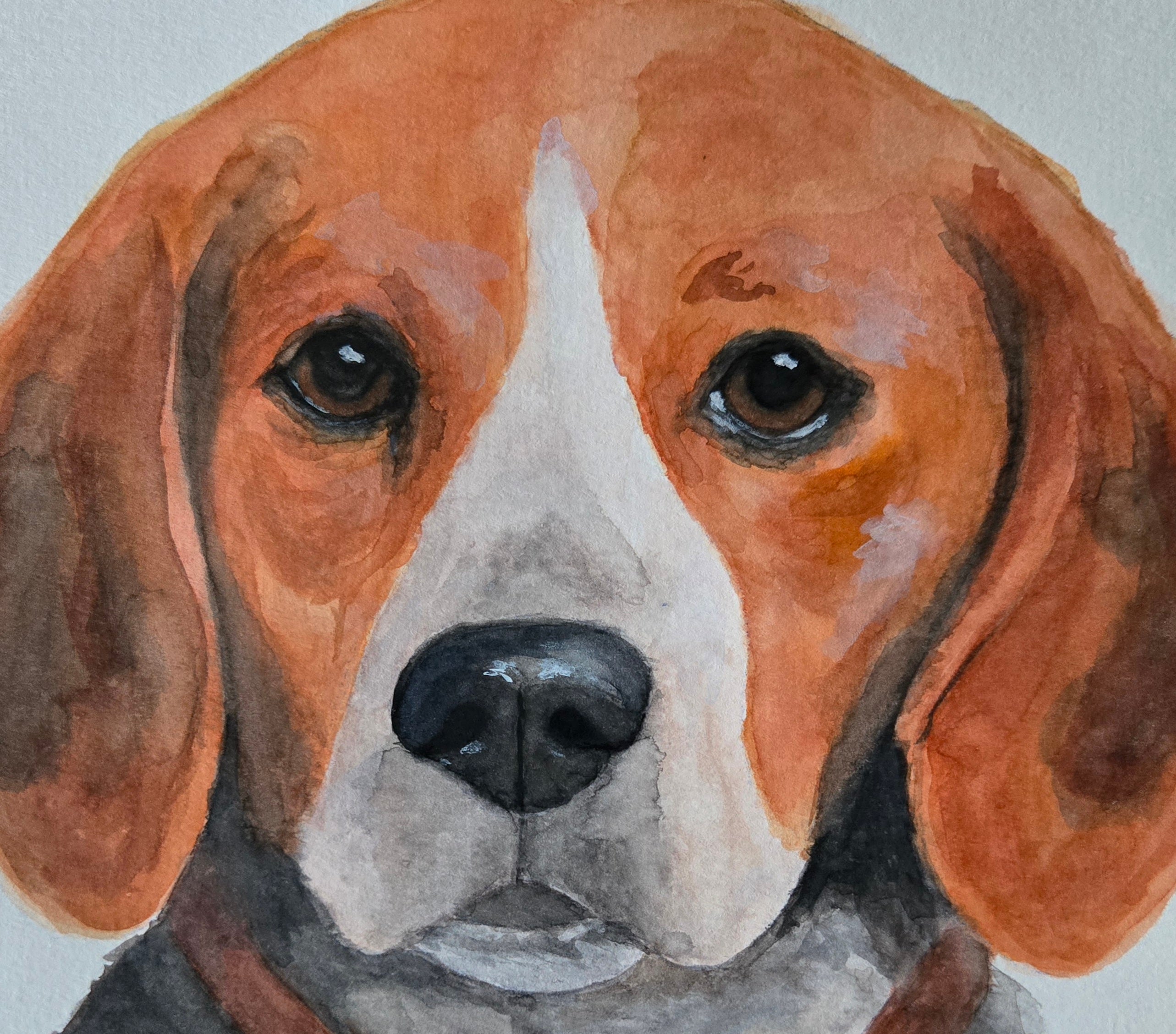 Beagle dog watercolor painting titled 'Sweet Companion' by Paula A. Chavers, original 9x12 pet illustration and dog lover wall decor.