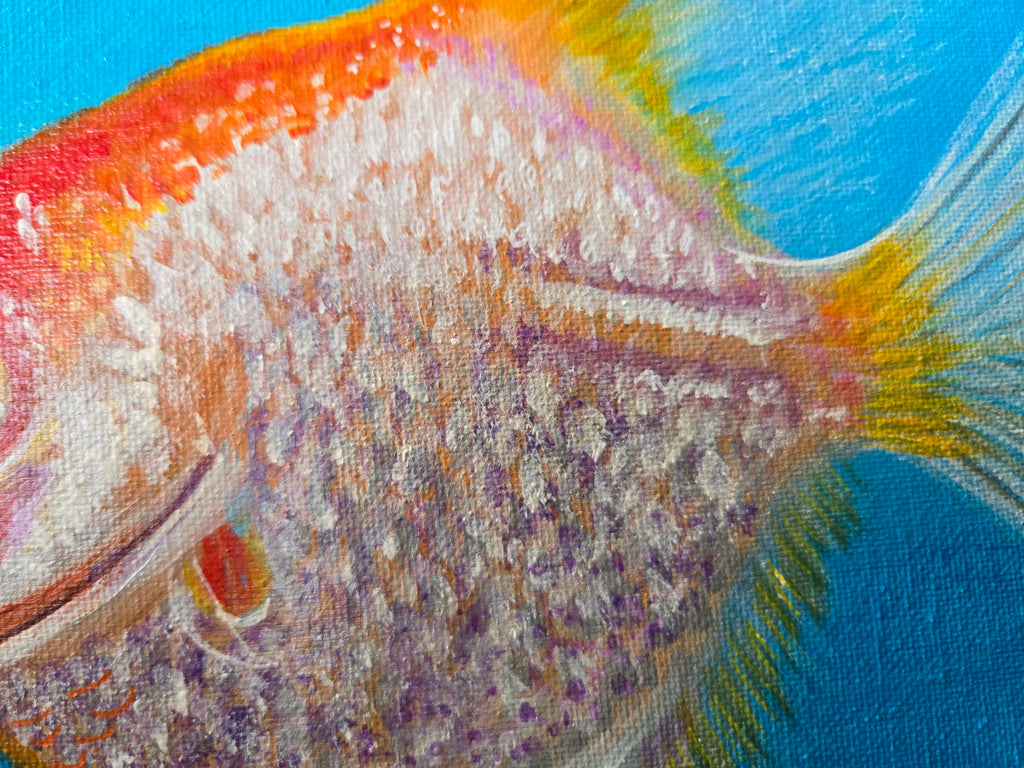 Large 20x20 colorful fish acrylic painting titled 'Us, Fish' by Paula A. Chavers, modern ocean life wall art for coastal home decor.