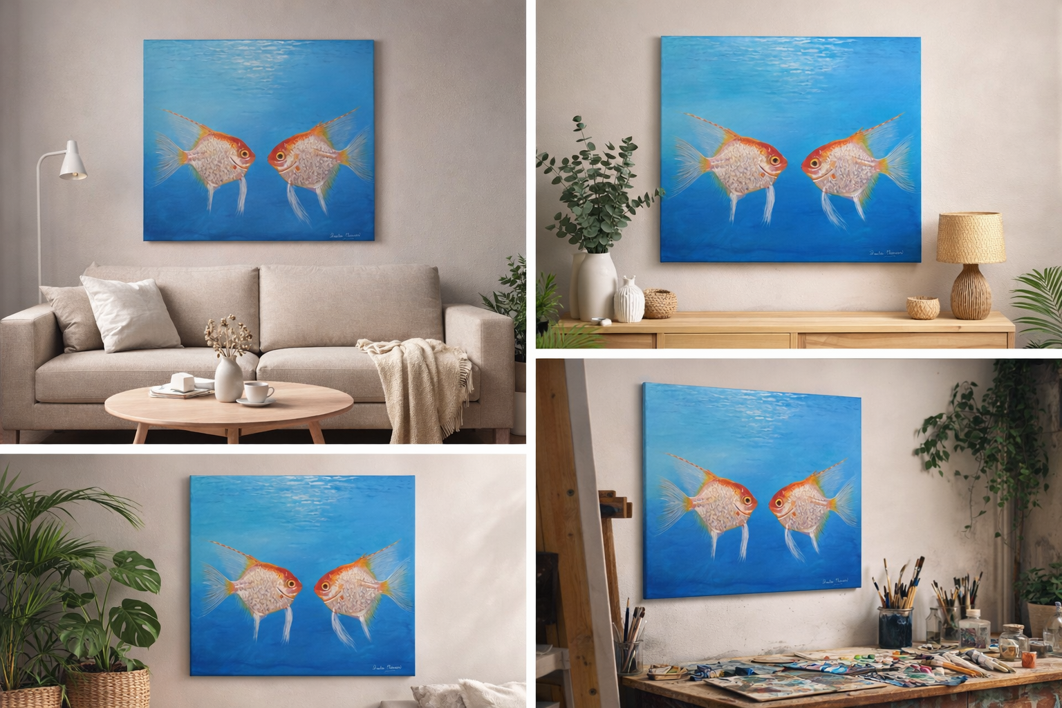 Large 20x20 colorful fish acrylic painting titled 'Us, Fish' by Paula A. Chavers, modern ocean life wall art for coastal home decor.