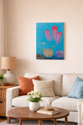 Original jellyfish ocean acrylic painting on canvas by Paula A. Chavers featuring pink jellyfish, coral, and tropical fish in turquoise blue underwater scene