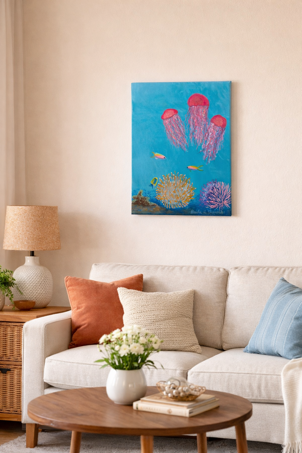 Original jellyfish ocean acrylic painting on canvas by Paula A. Chavers featuring pink jellyfish, coral, and tropical fish in turquoise blue underwater scene