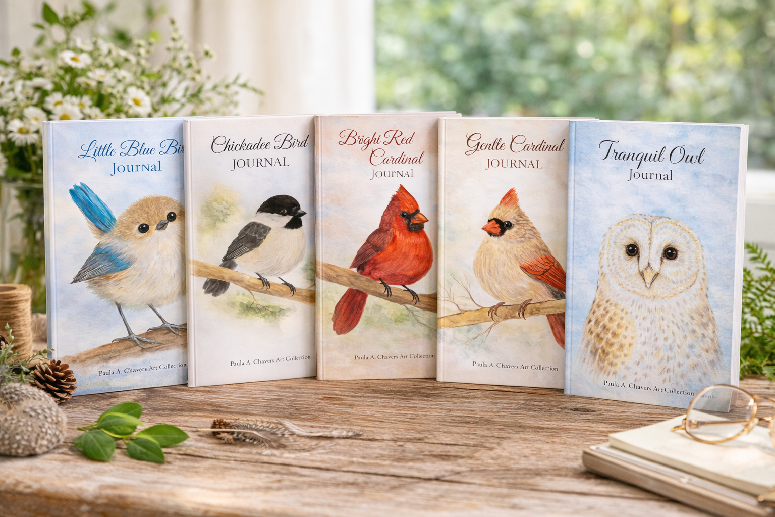 Collection of bird journals featuring original watercolor artwork by Paula A. Chavers, including bluebird, chickadee, cardinal, and owl designs displayed on a rustic wooden table with greenery, books, and soft natural lighting.