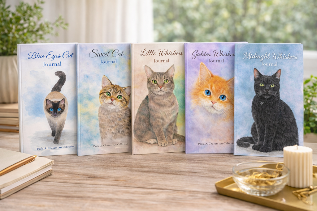 Collection of cat journals featuring original watercolor cat artwork by Paula A. Chavers, including Siamese, tabby, orange kitten, and black cat designs displayed on a cozy desk with soft natural lighting and elegant decor.