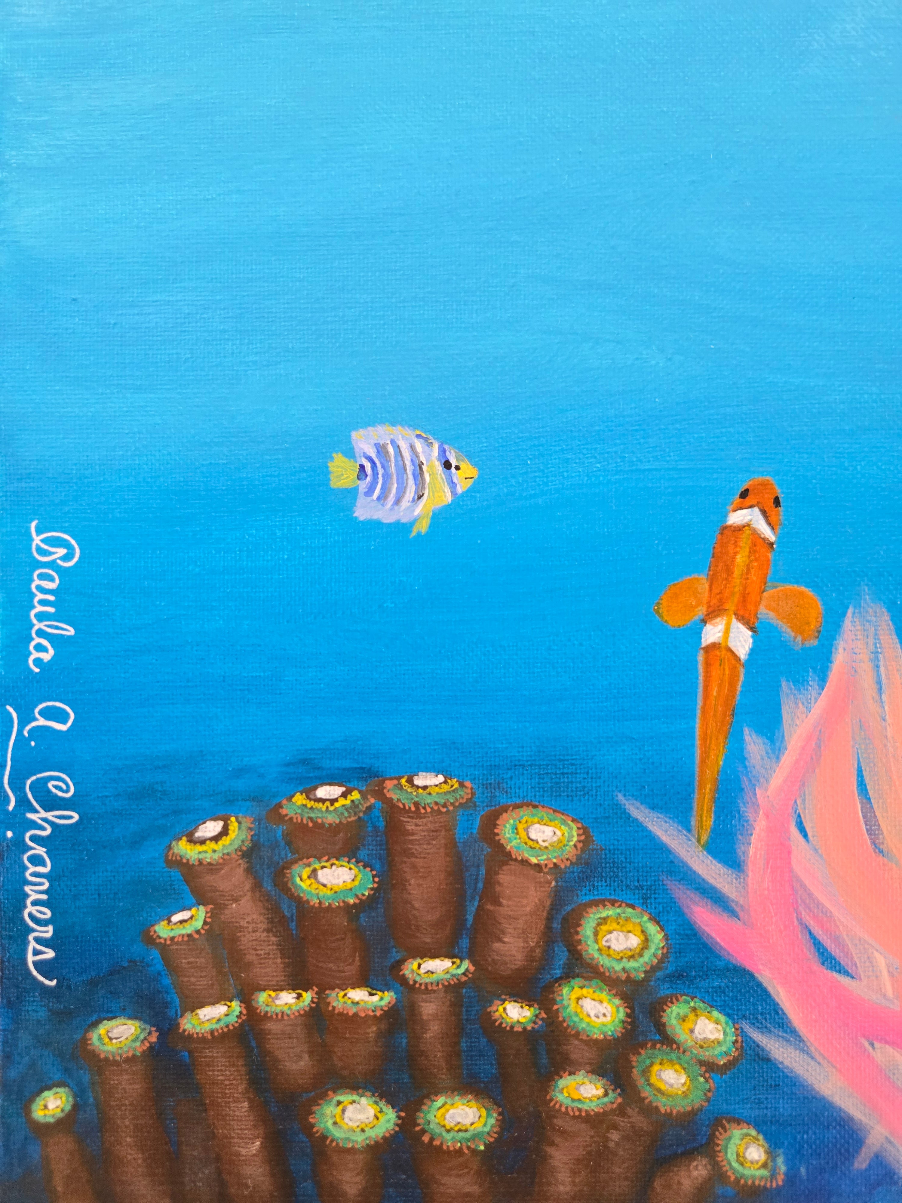 Colorful underwater scene acrylic painting titled 'Aquarium' by Paula A. Chavers, large 20x20 ocean life wall art for modern coastal decor.