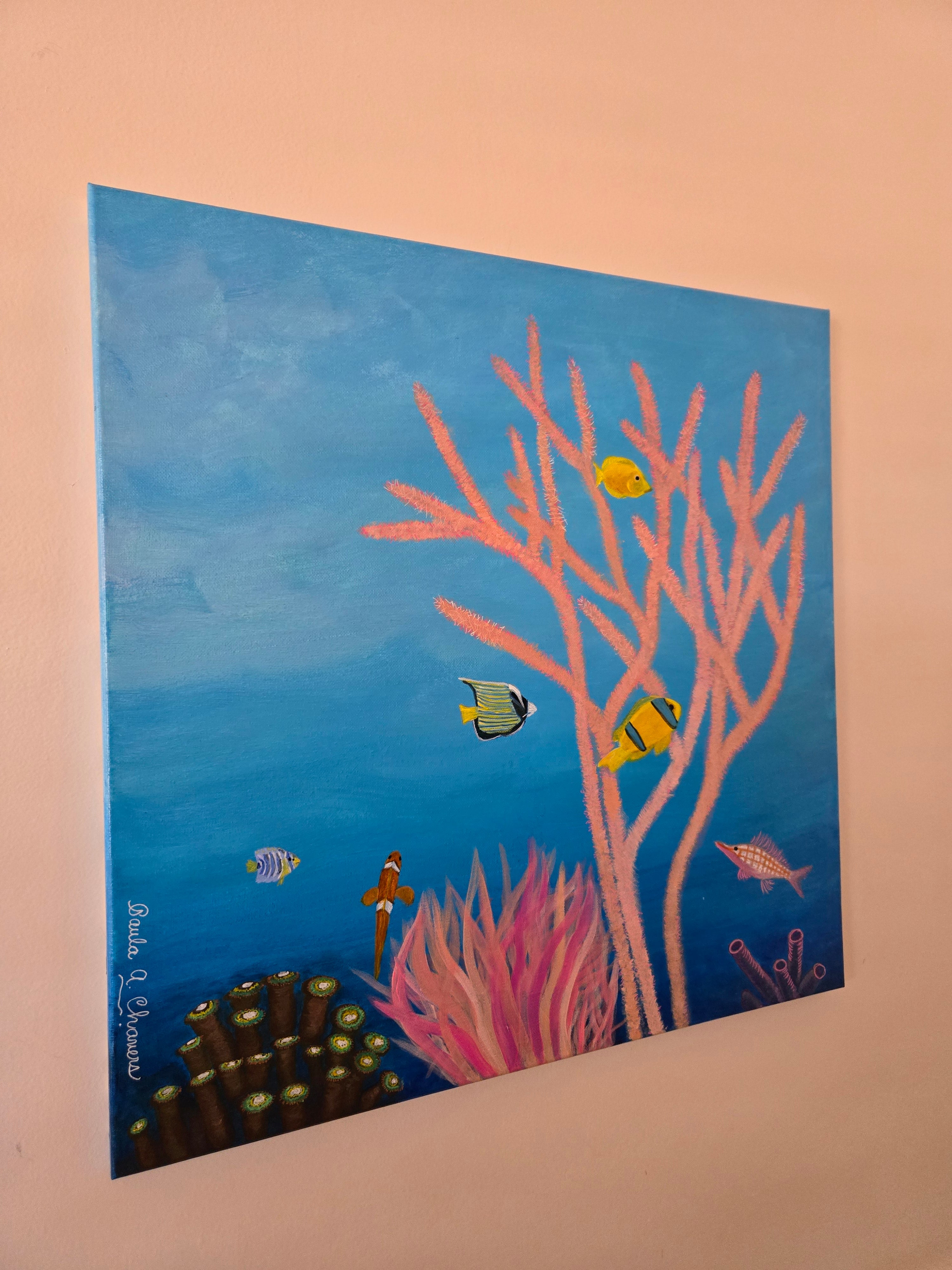 Colorful underwater scene acrylic painting titled 'Aquarium' by Paula A. Chavers, large 20x20 ocean life wall art for modern coastal decor.