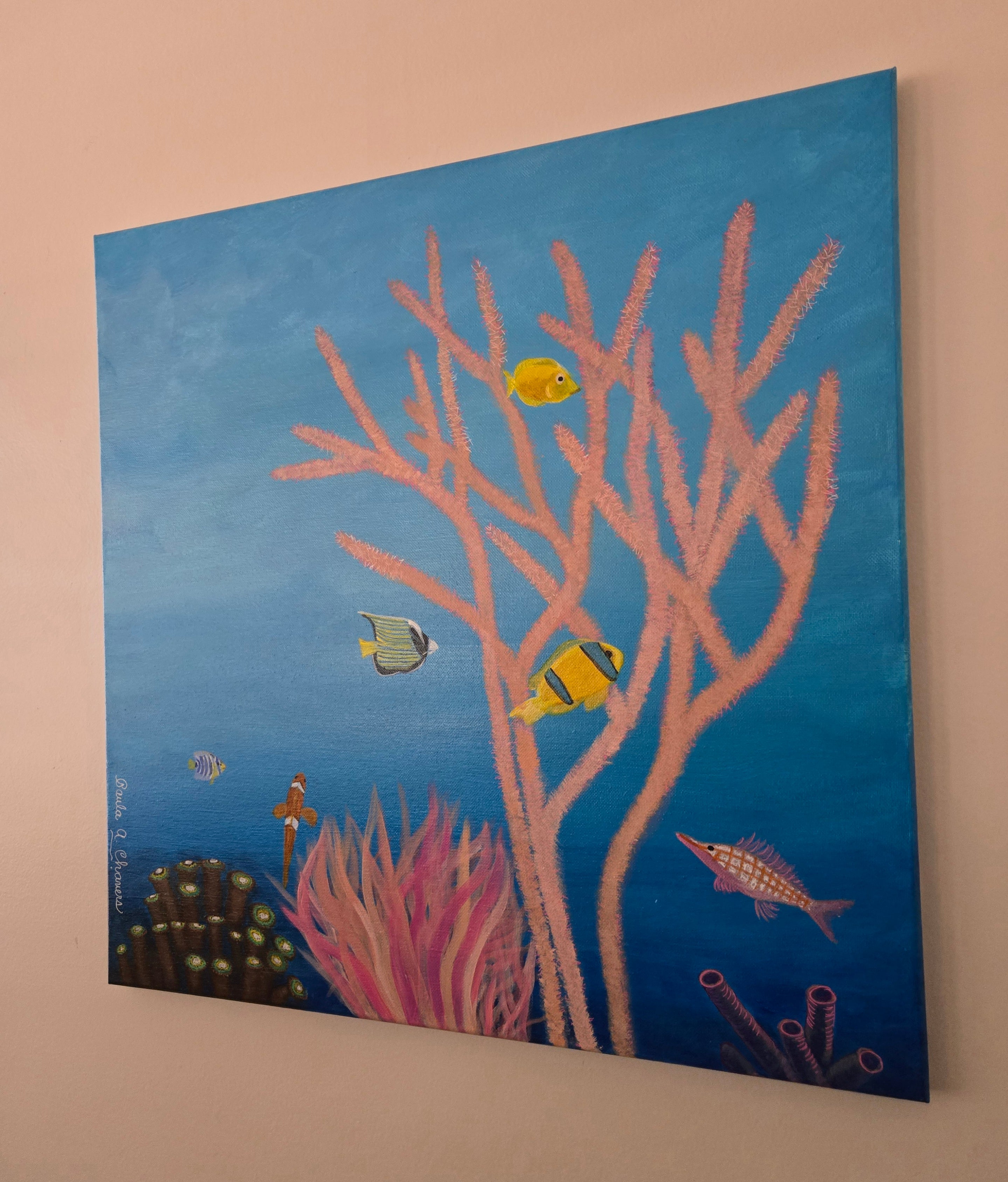Colorful underwater scene acrylic painting titled 'Aquarium' by Paula A. Chavers, large 20x20 ocean life wall art for modern coastal decor.