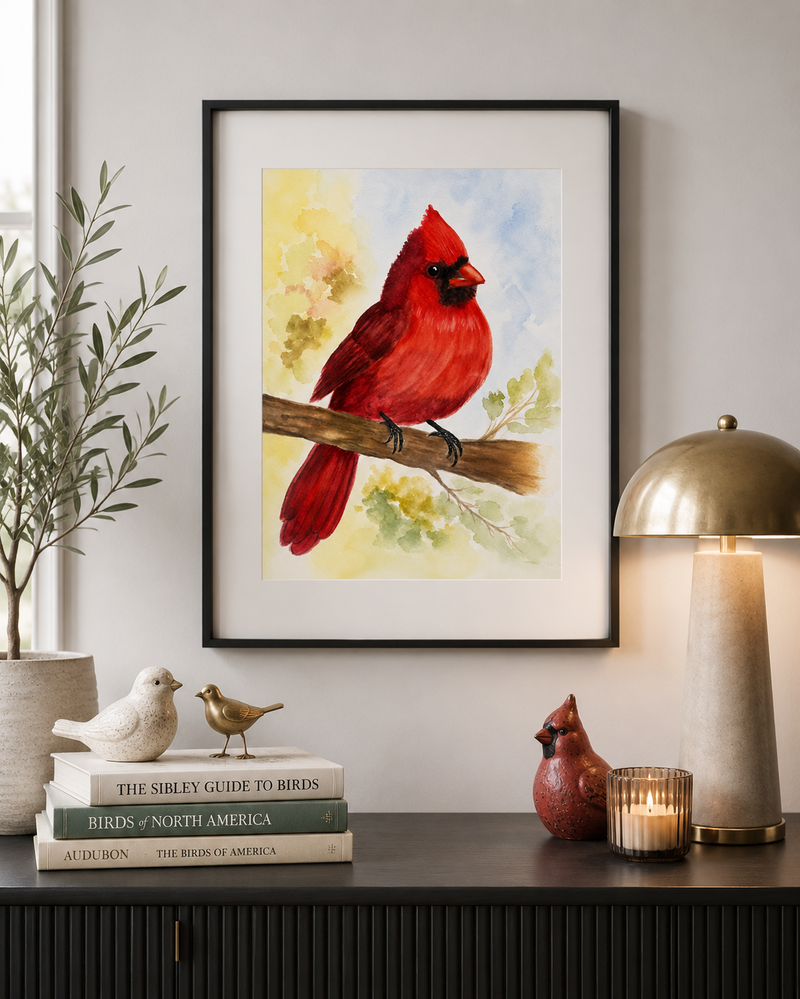 watercolor cardinal painting by Paula A Chavers displayed in a modern neutral interior with bird decor, books, lamp, and soft natural lighting