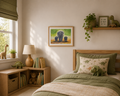 Original watercolor painting of an elephant family walking together beneath soft green foliage and warm earthy tones, nursery and safari-inspired wall art by Paula A. Chavers.