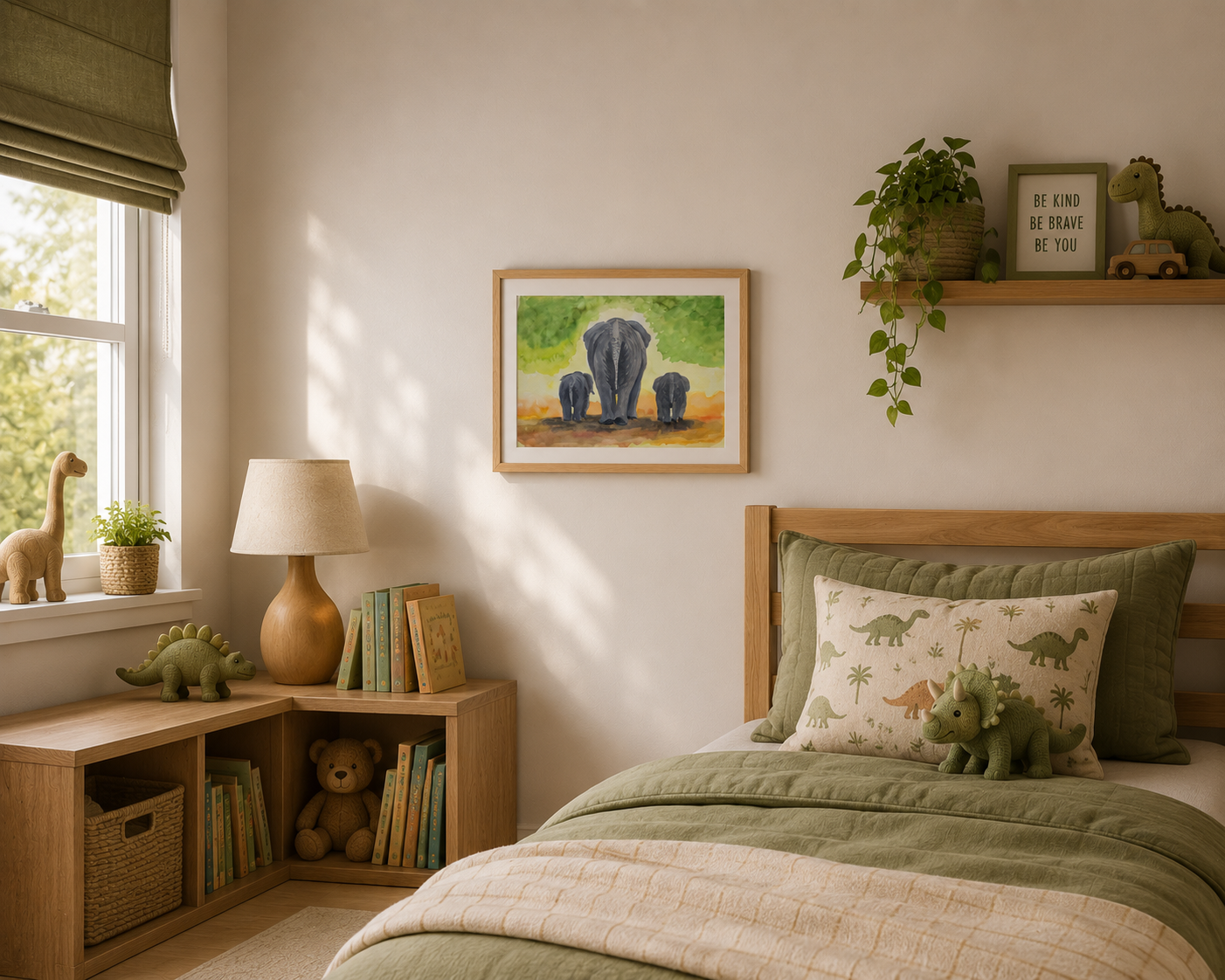 Original watercolor painting of an elephant family walking together beneath soft green foliage and warm earthy tones, nursery and safari-inspired wall art by Paula A. Chavers.
