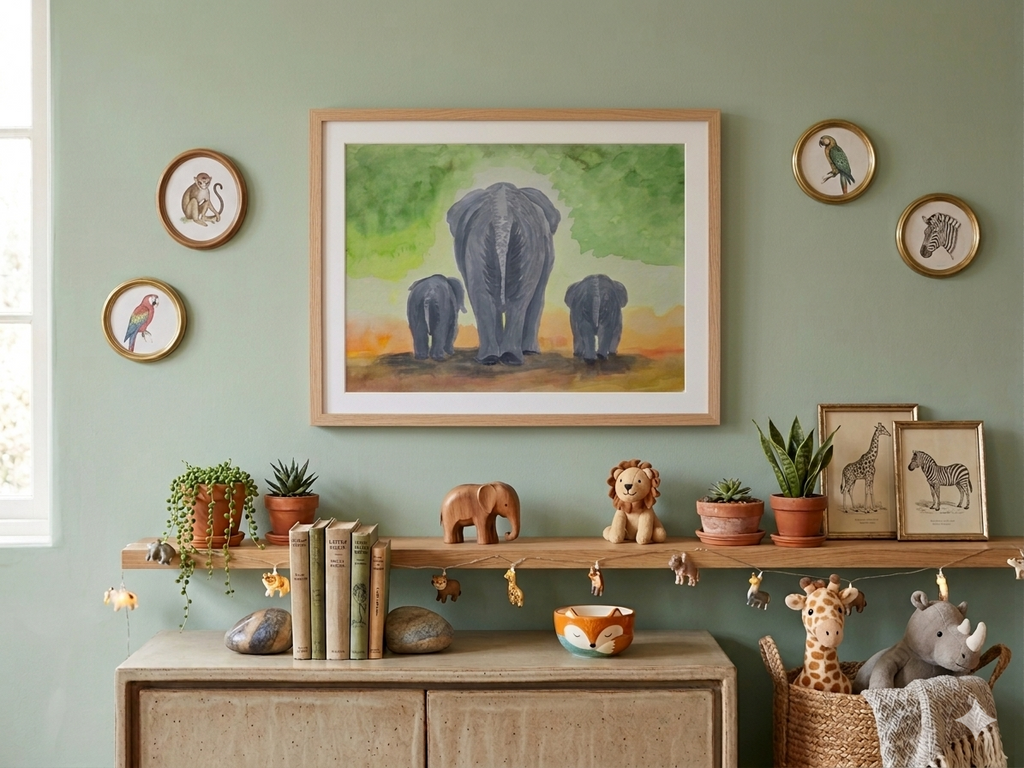 Gentle Journey Elephant Family original watercolor painting 9x12 by Paula A. Chavers, mother and baby elephant wall art, modern animal illustration for nursery or bright home decor.