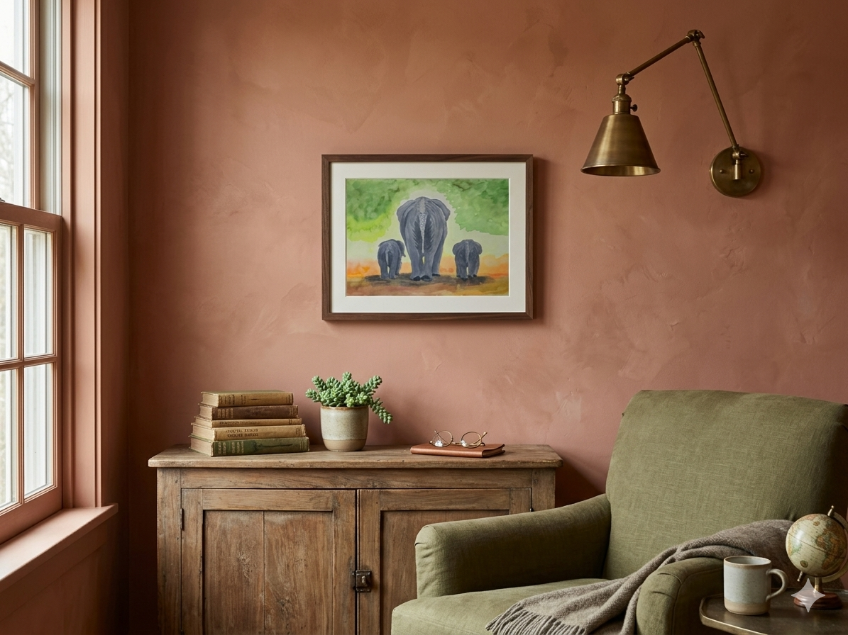 Gentle Journey Elephant Family original watercolor painting 9x12 by Paula A. Chavers, mother and baby elephant wall art, modern animal illustration for nursery or bright home decor.