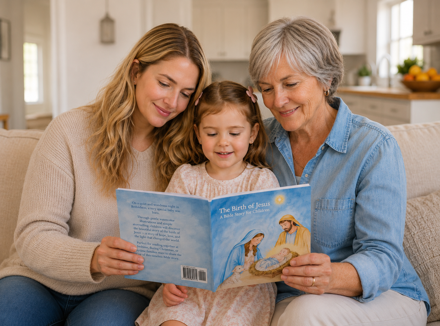 Family reading “The Birth of Jesus” illustrated Christian children’s book together at home