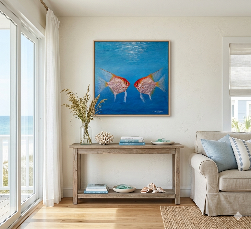 Large 20x20 colorful fish acrylic painting titled 'Us, Fish' by Paula A. Chavers, modern ocean life wall art for coastal home decor.
