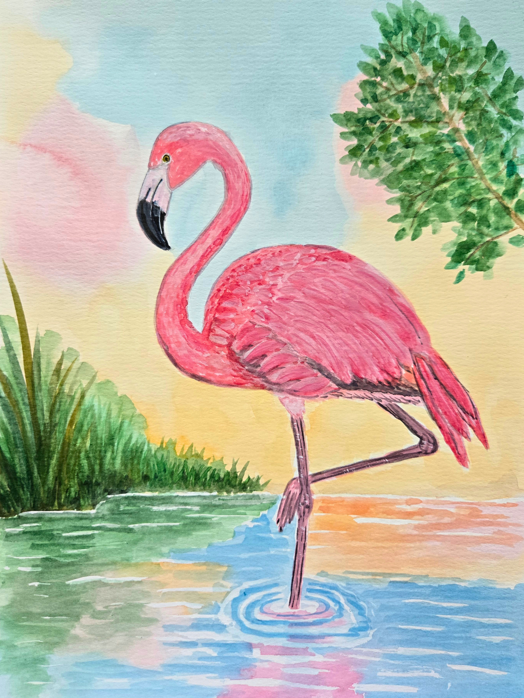 Flamingo Reflections - Original Watercolor Painting | 9x12 | Paula A. Chavers Art