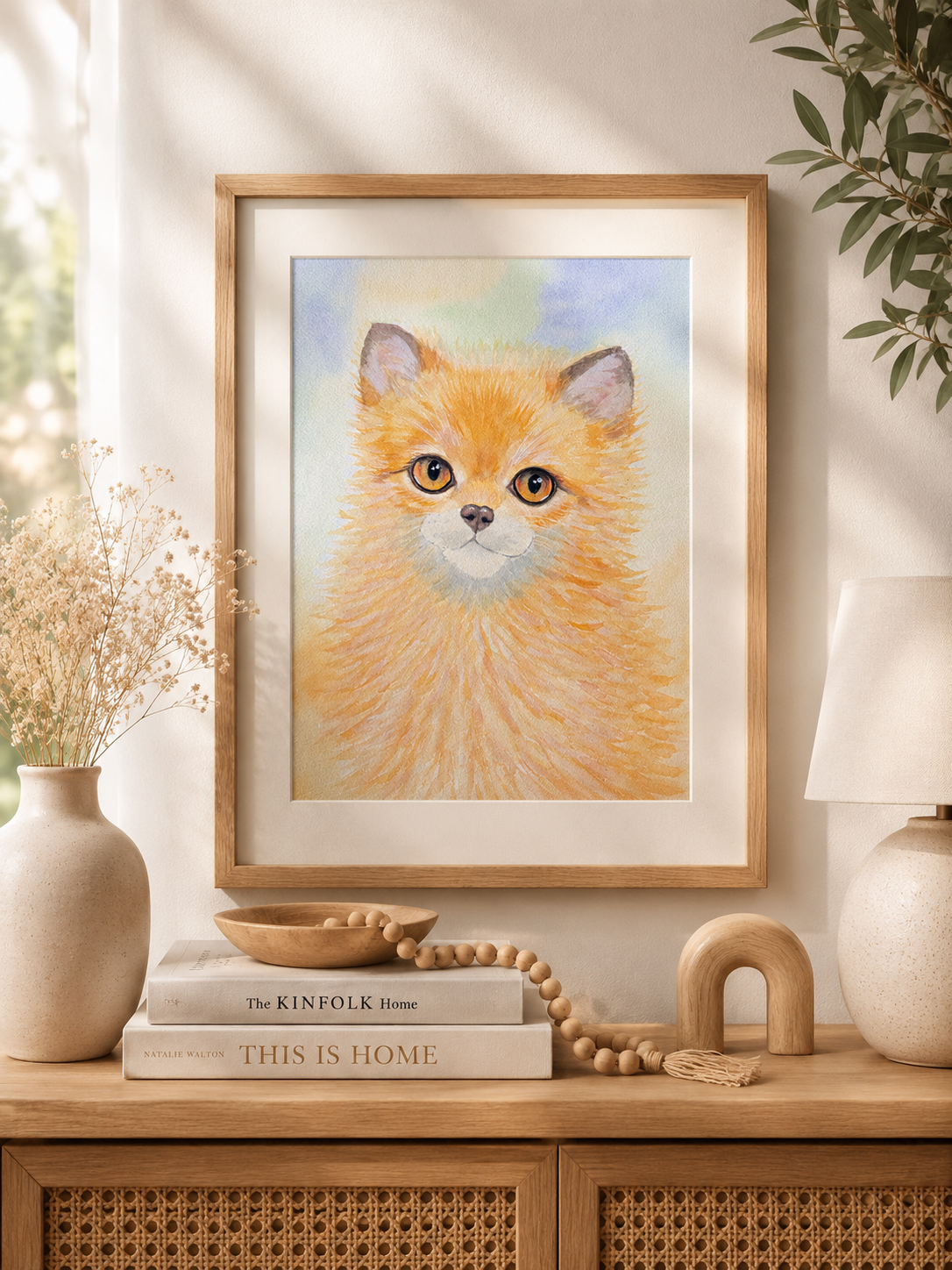 original watercolor fox painting by Paula A. Chavers displayed in a warm neutral interior with soft lighting, and cozy modern styling.