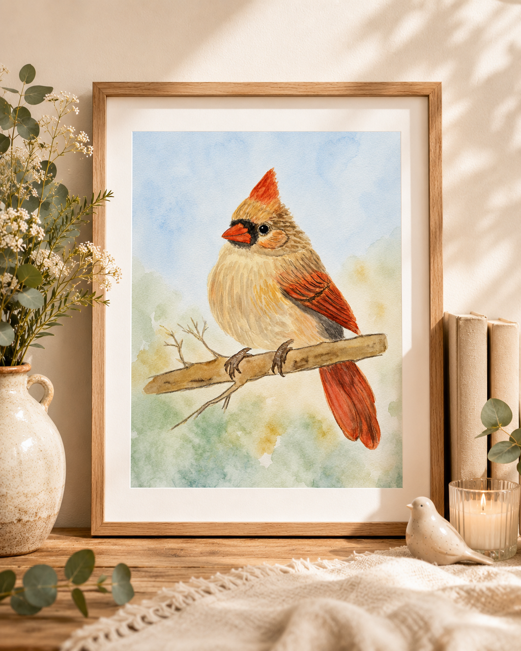 watercolor cardinal painting displayed in a cozy neutral home interior with soft natural lighting and rustic decor, Original artwork by Paula A Chavers