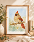 watercolor cardinal painting displayed in a cozy neutral home interior with soft natural lighting and rustic decor, Original artwork by Paula A Chavers