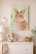 Original watercolor painting of a gentle brown bunny with a soft pastel background by artist Paula A. Chavers, peaceful bunny wall art for nursery decor and animal lovers.